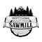 Professional sawmill label with wood stump and saw. Emblem for forestry and lumber industry