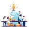 Professional scientists chemical researchers working with lab equipment flat illustration
