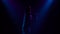 A professional singer sings a song on stage in the dark with blue light. A young woman in a shiny dress sings into a