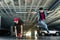 Professional skateboarder jumps in the subway