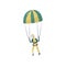Professional skydiver flying with parachute. Extreme sport. Cartoon character in yellow suit and protective helmet. Flat