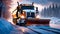 Professional snow removal in winter, a large professional snow blower clears the road of snow and ice,