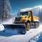 Professional snow removal in winter, a large professional snow blower clears the road of snow and ice,