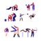 Professional Sport Activities Set. Male and Female Sportsmen Characters Workout. High Jump, Vaulting Horse, Pole Jumping