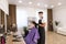 Professional stylist working with client in salon. Hairdressing services during Coronavirus quarantine