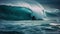 Professional surfer rides a giant wave on a big wave surfboard