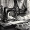 professional tailor working at an old-fashioned sewing machine, pencil drawing,generated with AI.