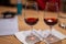 Professional tasting of different fortified dessert ruby, tawny port wines in glasses in porto cellars in Vila Nova de Gaia,