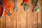 Professional tool kit for plumbers on vintage wooden boards