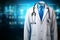 Professional touch Doctors lab coat, stethoscope enhance medical background