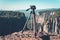 Professional tripod isolated on nature landscape background. Tazi Canyon Greyhound Valley, Manavgat, Antalya, Turkey