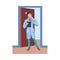 A professional veterinarian doctor with a folder stands near the cabinet in the vet clinic. Vector colorful illustration