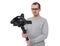 Professional videographer using dslr camera on gimbal stabilizer isolated on white, focus on camera