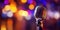 Professional vocal microphone on stage with a bokeh backdrop of concert lights. Karaoke concept. Generative AI