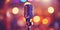 Professional vocal microphone on stage with a bokeh backdrop of concert lights. Karaoke concept. Generative AI