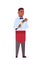 Professional waiter holding bottle of wine african american man restaurant worker in red apron offering alcohol drink