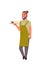 Professional waiter holding coffee and cake on tray man restaurant worker in apron serving food concept flat full length