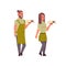 Professional waiters couple holding coffee and cake on tray man woman restaurant workers in apron serving food concept