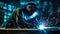 Professional welder close up, working on medium pipe, welding metal with blue light in foreground.