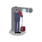 Professional welder repairing large iron pipe. Man using welding machine. Worker in protective outfit. Flat vector