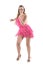 Professional woman dancer dancing samba dance in pink fringed dress looking down.