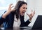 Professional, woman and shouting with anger with laptop at the office with problem online work. Female employee