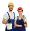 Professional workers with putty knives and plaster in hard hats on white background