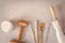 Professional working tools for working with clay, plasticine. Pottery shovels, brushes, rolling pin on marble table. Flat lay, top