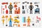 Professions Set, Fireman, Policeman, Road Worker, Plumber with Professional Equipments Vector Illustration