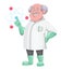 Professor cartoon character showing on atom sign