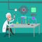 Professor sitting at the table in the lab. He making the experiment with test tubes. Vector illustration in a flat cartoon style