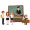 Professor and student illustration, Girl and boy with teacher in college classroom, vector campus university, education