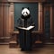 A professorial panda in academic robes, lecturing in front of a tiny chalkboard5