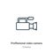 Proffesional video camera outline vector icon. Thin line black proffesional video camera icon, flat vector simple element
