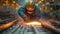 Proffessional welder at work. Handymen performing welding and grinding at their workplace in the workshop, while the