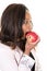 Profile american african woman eating apple red on white background