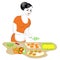 Profile of a beautiful lady. The girl is preparing food. She sets the table of fruit. It cuts apples, lemon, orange, banana,