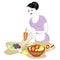 Profile of a beautiful lady. The girl is preparing food. She sets the table, rubs carrots on a plate, cuts vegetables, greens. A
