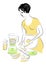 Profile of a beautiful pregnant lady. The girl prepares food. Woman beats fruit blender with fresh juice. Vector illustration