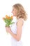 Profile of beautiful woman with bouquet of orange tulips isolate