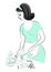 Profile of a beautiful woman. The lady is pregnant. The girl prepares a healthy vitamin food. Cucumbers, tomatoes, onions. Vector