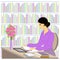 Profile of a beautiful young lady. A girl sits at a table in the library. A woman works as a librarian. Near the shelves with