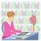 Profile of a beautiful young lady. A girl sits at a table in the library. A woman works as a librarian. Near the shelves with