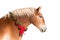 Profile of a blond Belgian draft horse wearing a Christmas wreath