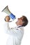 Profile of doctor screaming loudly in megaphone