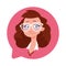 Profile Icon Female Head In Chat Bubble Isolated, Caucasian Woman Wearing Glasses Avatar Cartoon Character Portrait