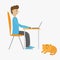 Profile man at desk with leptop. Guy working on computer. Boy sitting on chair table. Sleeping lying cat. Cute cartoon