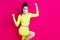 Profile photo of astonished lady stand fists up dress respiratory sport suit isolated on vibrant shine pink color