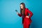 Profile photo of attractive business lady holding enlarge loupe searching piece of evidence wear luxury trend red suit