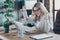 Profile photo of beautiful business lady looking notebook table watching online report celebrating startup success